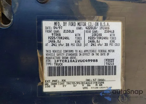 1997 Ford Ranger Splash/Xl/Xlt из США, поврежденный, VIN 1FTCR10A1VUC49988